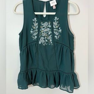 Knox Rose Green Boho Embroidered Peplum Sleeveless Women’s Tank Top Size S